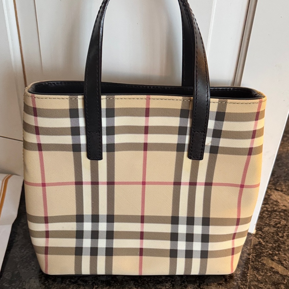Burberry Beige Check Canvas Tote with Black Handles - Picture 3 of 4